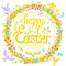 Happy Easter - circle decorated with flowers, little birds