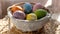 Happy Easter. Close up of painted eggs in a basket rotating in circle. POV.