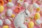 Happy easter clover green Eggs Easter basket joys Basket. White bunny bonnet Bunny easter tablecloths. cuddly background wallpaper