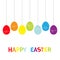 Happy Easter colorful text. Hanging rainbow color painted egg set. Thread bow. Dash line. Seven painting egg shell. Greeting card.