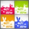 Happy easter colorful vector illustration cards Set with the big-eared rabbits silhouettes on the meadow