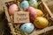 Happy easter commemoration Eggs Pastel baby blue Basket. White New life Bunny handcrafted. Basket background wallpaper