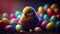 Happy Easter composition, funny chick, colorful eggs. Generative AI illustration