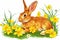 Happy easter concept art Eggs Daisies Basket. White retirement card Bunny hopping. iris background wallpaper