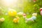 Happy Easter concept. Cute Little Easter Bunnys in the Meadow. Spring Flowers and Green Grass. Sunbeams. Fairy tale sunset on the