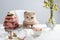 Happy Easter concept. Easter composition, greeting card, poster. Cute little kitten with cherry chocolate curd cake with nest and