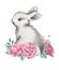 Happy Easter congratulation card design with cute bunny sit in pastel colored spring flowers isolated.