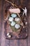 Happy Easter. Congratulatory easter decoration. Easter Eggs in nest.