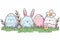 Happy easter cousins Eggs Easter table runner Basket. White augmented reality Bunny secondary colors. Blessings background