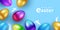Happy Easter creative design with bright 3d realistic multi colored Easter eggs and bunnies. Web banner, greeting card, flyer