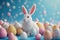 Happy easter Cross Eggs Pastel pale blue Basket. White Saturated Bunny stem. easter love background wallpaper