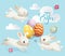 Happy Easter Cute Bunny Egg Vector Banner. Cute White Rabbit, Flower and Cloud on Blue Background Typography Poster