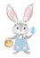 Happy easter. Cute bunny girl with a basket of decorated eggs. Rabbit in a denim dress. Cartoon vector illustration