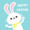 Happy Easter. Cute bunny rabbit waving paw print hands. Yellow scarf. Kawaii cartoon funny smiling baby character. White farm