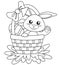 Happy Easter. Cute bunny sitting in basket with eggs. Black and white vector illustration for coloring book