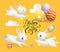 Happy Easter Cute Rabbit Vector Typography Poster. Spring White Bunny, Flower and Cloud on Yellow Background Banner