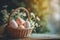 Happy easter daffodils Eggs Pastel colors Basket. White hellebores Bunny vivid. Easter love background wallpaper