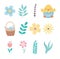 Happy easter day chicken eggshell flowers basket icons