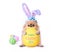 Happy Easter day Cute puppies Pomeranian Mixed breed Pekingese dog Wear bunny ears sitting hugging eggs shape pillow isolated on