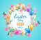 Happy easter day easter eggs colorful different and patterns texture with tulips flower and butterfly on blue color background.