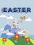 Happy Easter Day. Easter Paper Art Design. Air plane flying between mountains and clouds. Hamper with eggs fall to nature landscap