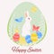 Happy Easter day greeting card. Easter bunny, chicken, duckling, eggs, willow, flowers, tulips, daffodils. Cartoon greeting card.