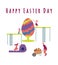 Happy easter day inscription. scene with families and big egg. children paint an egg