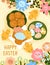Happy Easter day, post card design. Postcard background with chickens, dyed eggs, buns, traditional bakery food for