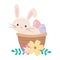 Happy easter day, rabbit in basket painted egg flowers decoration