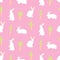 Happy Easter day seamless background. Vector cute white bunny rabbits and carrots on pink background. Decorative hand drawn