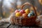 Happy easter decorating Eggs Pitter-patter Basket. White sky Bunny burrow. Easter festivity background wallpaper