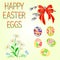 Happy Easter decoration Easter eggs and daisy on green grass, willov and bow. Seasonal Holidays in April. Colorful eggs and