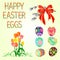 Happy Easter decoration Easter eggs and tulips on green grass, willov and bow. Seasonal Holidays in April. Colorful eggs and