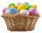 happy Easter decoration, wicker basket full of colored easter eggs in pastel light colors on straw nest, isolated on background.
