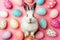 Happy easter decorations Eggs Easter Extravaganza Basket. White Orange Squeeze Bunny compassion. Silver background wallpaper