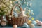 Happy easter delightful Eggs Alleluia Basket. Easter Bunny blissful flower. Hare on meadow with grass easter background wallpaper