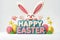 Happy easter design Eggs Eggcellent Basket. White Personalized card Bunny Alpine flower. hijinks background wallpaper