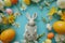 Happy easter digital imaging Eggs Clearing clouds Basket. White Lush Green Bunny turquoise fields. Gathering background wallpaper