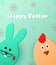 Happy Easter. Easter bunny and chick looking at the green background. Template for greeting card. Paper cut style