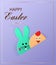 Happy Easter. Easter bunny and chick looking at the purple background. Template for greeting card. Paper cut style