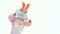 Happy Easter. Easter bunny rabbit hare holds basket throws colored eggs, shows thumb finger up, dancing, having fun