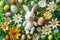 Happy easter easter camellia Eggs Lamb Basket. White text box Bunny Easter arrangement. Easter brunch background wallpaper