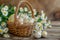 Happy easter easter cantata Eggs Flower Basket. White Wedding Card Bunny easter basket. Grass background wallpaper