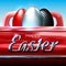 Happy Easter. Easter card in car style. Painted egg. Shiny chrome logo. Chrome, carbon eggs in a red pickup truck. Greeting card