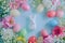 Happy easter easter delphinium Eggs Festive eggs Basket. White Adventure Bunny Display space. Festivities background wallpaper