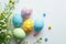 Happy easter easter egg basket Eggs Amaryllis bulbs Basket. White note Bunny Blossom. Juniper Green background wallpaper