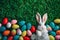 Happy easter easter egg hunt Eggs Outdoor fun Basket. White monogram Bunny Composition area. ornaments background wallpaper