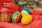 Happy Easter. Easter eggs in a nest. Colorful Easter eggs on red background decoration with card greeting text. Happy Easter day.