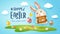 Happy Easter! Easter festival background with bunny and eggs on grass