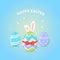 Happy Easter. Easter greeting card with colorful eggs and bunny ears on blue background.